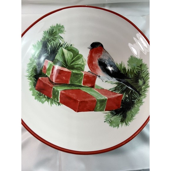 Ceramica Cuore Italy 12.5" Christmas Holiday Sparrow Serving Bowl - Red & Green - Picture 2 of 7